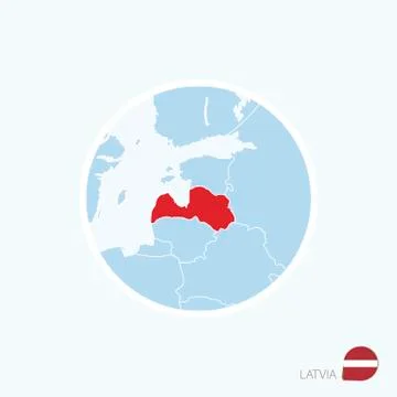 Map icon of Latvia. Blue map of Europe with highlighted Latvia in red color. Stock Illustration