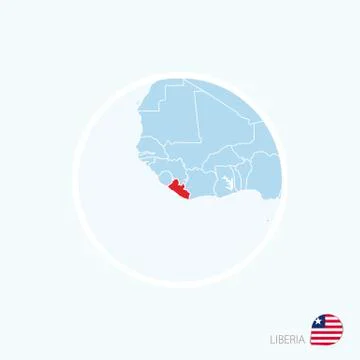 Map icon of Liberia. Blue map of Africa with highlighted Liberia in red color Stock Illustration