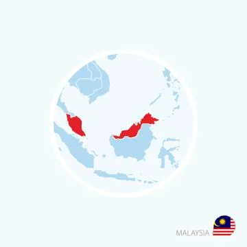 Map icon of Malaysia. Blue map of Asia with highlighted Malaysia in red color Stock Illustration