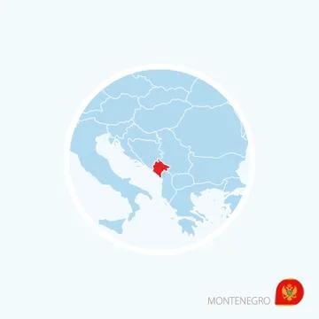 Map icon of Montenegro. Blue map of Europe with highlighted Montenegro in red Stock Illustration