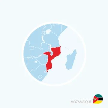 Map icon of Mozambique. Blue map of Africa with highlighted Mozambique in red Stock Illustration