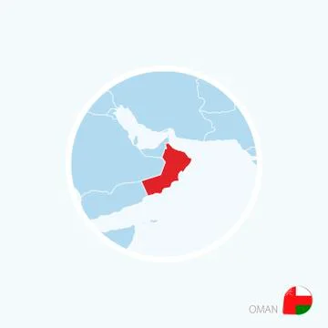 Map icon of Oman. Blue map of Europe with highlighted Middle East in red colo Stock Illustration
