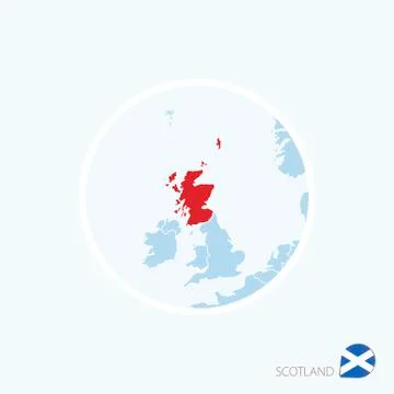 Map icon of Scotland. Blue map of Europe with highlighted Scotland in red col Stock Illustration