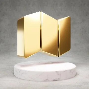 Map icon. Shiny golden Map symbol on white marble podium. Stock Illustration