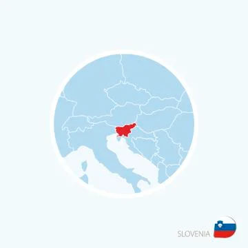 Map icon of Slovenia. Blue map of Europe with highlighted Slovenia in red col Stock Illustration