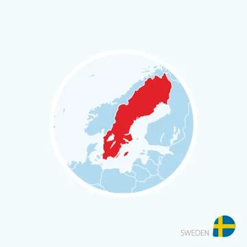 Map icon of Sweden. Blue map of Europe with highlighted Sweden in red color. Stock Illustration