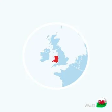 Map icon of Wales. Blue map of Europe with highlighted Wales in red color. Stock Illustration