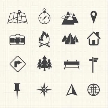 Map icons set, vector on texture background Stock Illustration