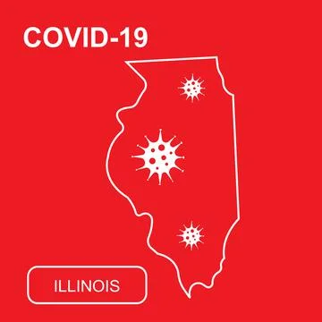 Map of Illinois State labeled COVID-19. White outline map on a red background. Stock Illustration
