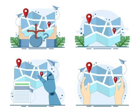 Map illustration set featuring colorful geographic elements Stock Illustration