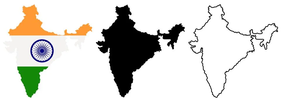 Map of India in different style: colored, black silhouette and contour. Stock Illustration