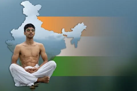 Map of India with indian flag shows young indian man meditating wearing a dho Stock-Fotos