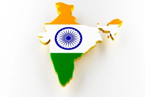 Map of India land border with flag. India map on white background. 3d rendering Stock Illustration