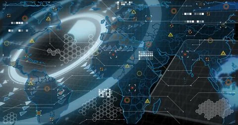 Map interface displaying overlays on control screen, with hexagonal grid, 스톡 일러스트