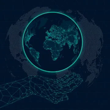 Map of internet communications at low poly hands Illustrazione stock