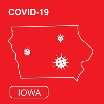 Map of Iowa State labeled COVID-19. White outline map on a red background. Stock Illustration