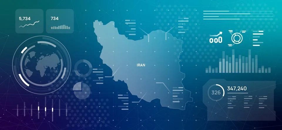 Map of Iran with data visualization dashboard interface including Stock-Illustration