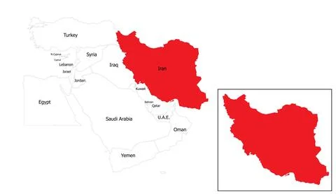 Map of iran highlighted in bright red color on white background showing the Stock Illustration