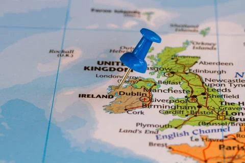 Map of Ireland with a blue pushpin stuck Stock Photos