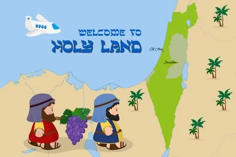Map of Israel with two spies, Welcome to Holy Land Stock Illustration