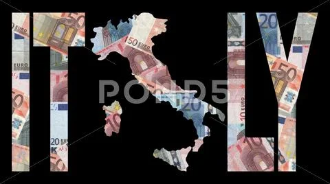 Map of Italy with text on collage of colourful euros illustration Stock Illustration