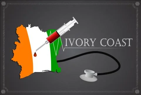 Map of Ivory coast with Stethoscope and syringe. Stock Illustration