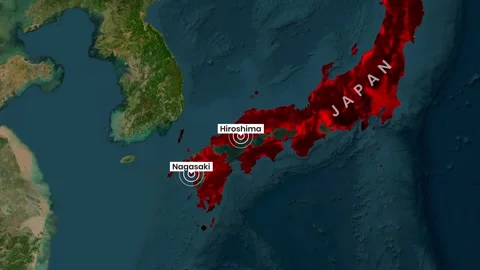 Map of Japan highlighting Hiroshima and Nagasaki city locations clearly Stock Footage 334695373