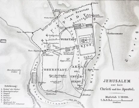 Map of Jerusalem at the time of Jesus Christ Historical digitally restored Stock Photos