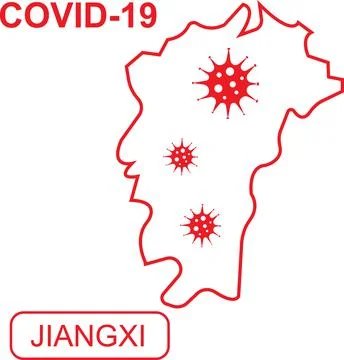 Map of Jiangxi labeled COVID-19. White outline map on a red background. Stock Illustration