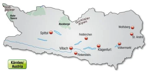Map of kaernten as an overview map in gray Stock Illustration