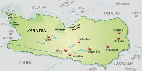 Map of kaernten as an overview map in pastel green Stock Illustration