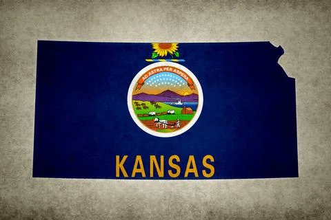 Map of Kansas with its flag on a paper Stock Illustration