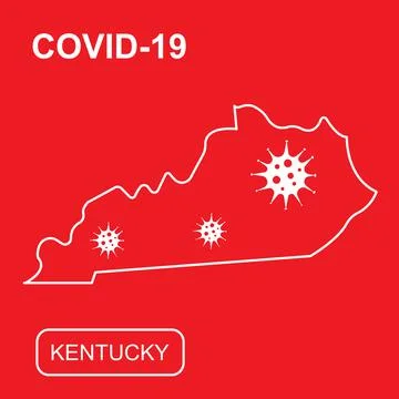 Map of Kentucky State labeled COVID-19. White outline map on a red background. Stock Illustration