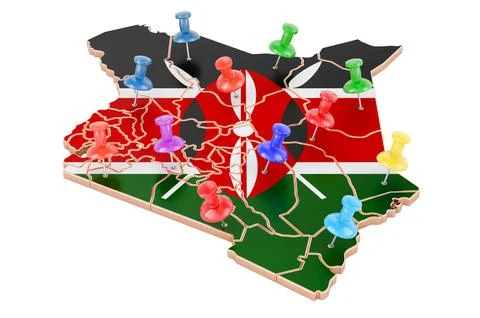 Map of Kenya with colored push pins, 3D rendering Stock Illustration