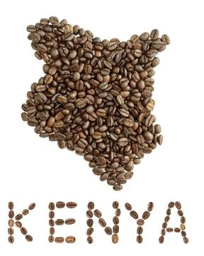 Map of Kenya made of roasted coffee beans isolated on white background. Stock Photos