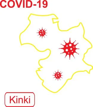 Map of Kinki labeled COVID-19. Yellow outline map on a white background. Illustrazione stock