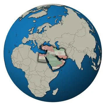 Map of Kuwait territory located in middle east region with country flags over Ilustração Stock