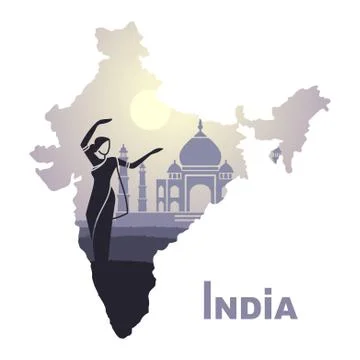 The map with the landscape of India and a dancing woman on the background o.. Stock Illustration