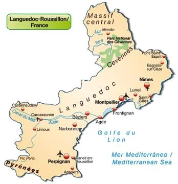 Map of languedoc-roussillon as an overview map in pastel orange Stock Illustration