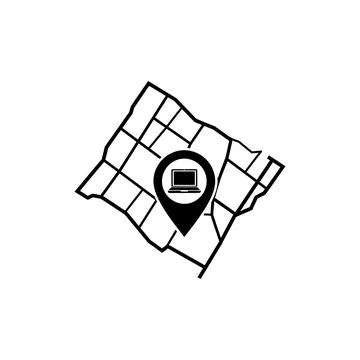 Map with laptop marker remote work location icon Stock Illustration