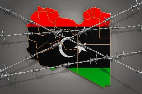 Map of Libya with barbed wire, 3D rendering Stock Illustration