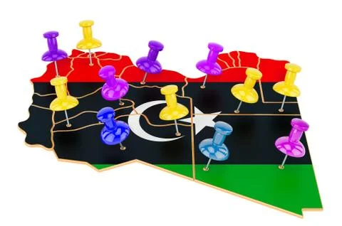 Map of Libya with colored push pins, 3D rendering Stock Illustration
