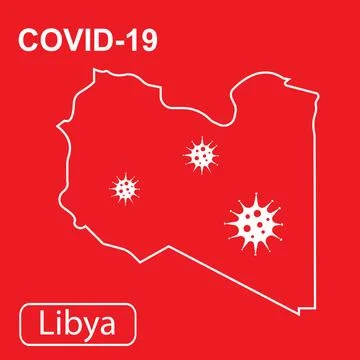 Map of Libya labeled COVID-19. White outline map on a red background. Stock Illustration