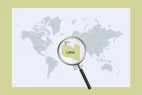 Map of Libya on political world map with magnifying glass Stock Illustration