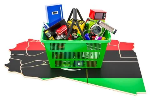 Map of Libya with shopping basket full of home and kitchen appliances, 3D ren Stock Illustration