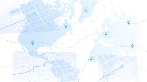 Map light blue color, covered in various countries and cities. Lines represent Stock Illustration