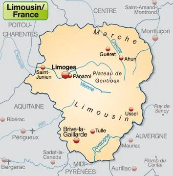 Map of limousin as an overview map in pastel orange Stock Illustration