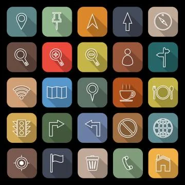 Map line flat icons with long shadow Illustrazione stock