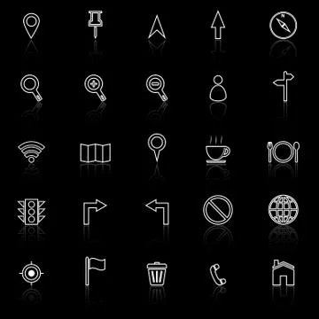 Map line icons with reflect on black background Stock Illustration