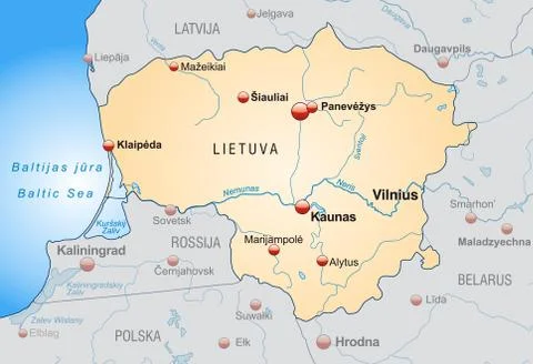 Map of lithuania as an overview map in pastel orange Stock Illustration